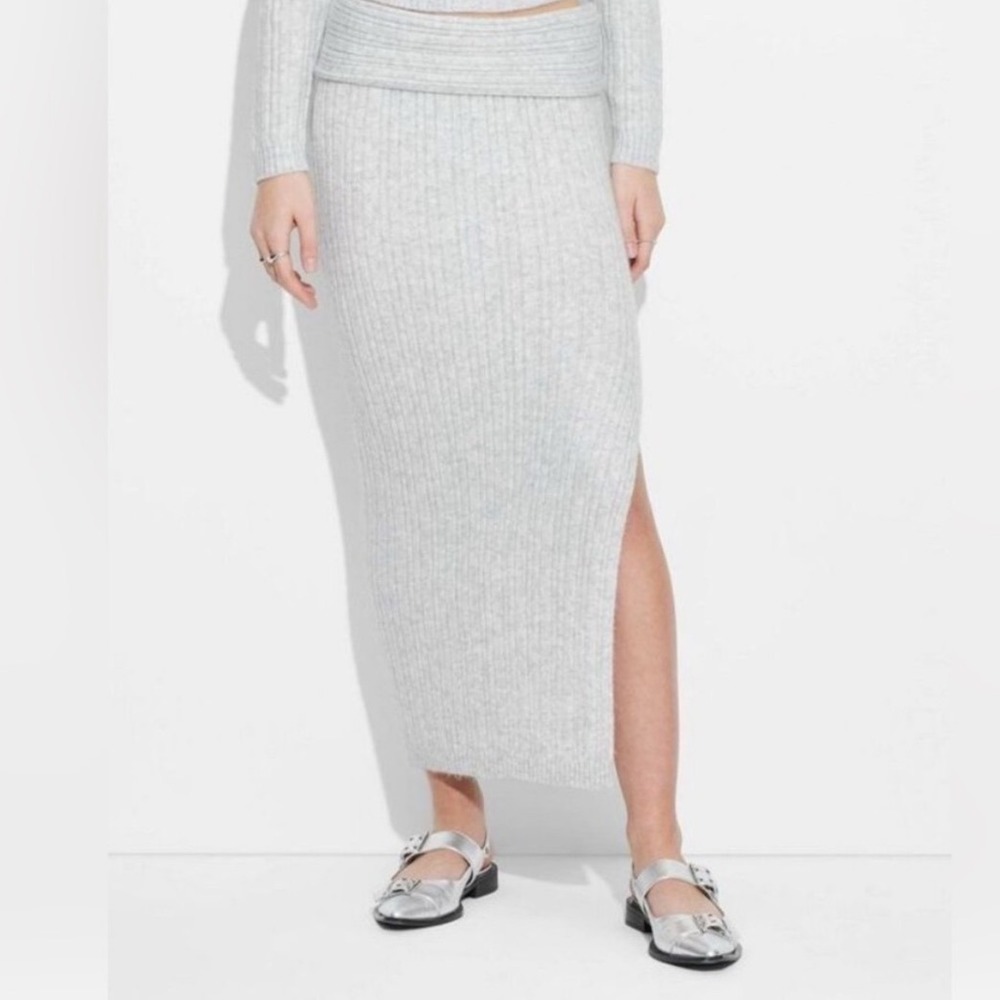 Wild Fable Light Gray Ribbed Knit Midi Skirt Side Slit Small NWT